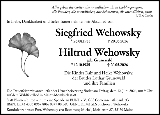 Traueranzeige von Hiltrud Wehowsky von Allgemeine Zeitung Mainz