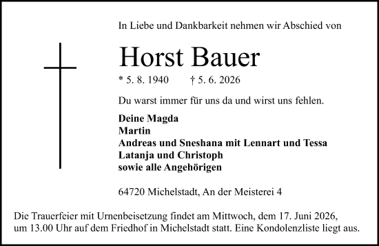 Traueranzeige von Horst Bauer von Odenwälder Echo