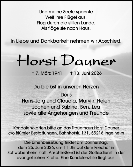Traueranzeige von Horst Dauner von Allgemeine Zeitung Rheinhessen-Nahe