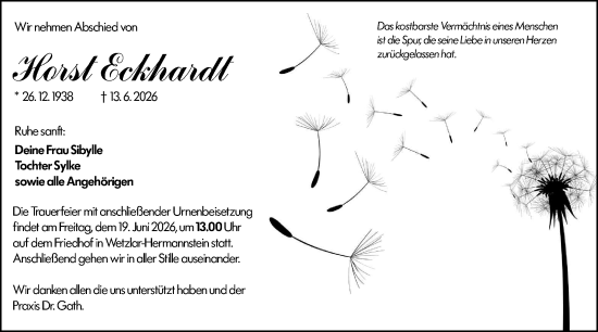 Traueranzeige von Horst Eckhardt von Wetzlarer Neue Zeitung