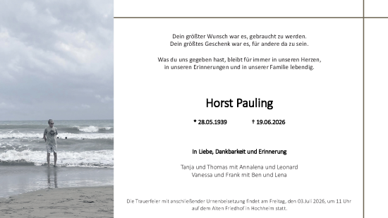 Traueranzeige von Horst Pauling von Hochheimer Zeitung