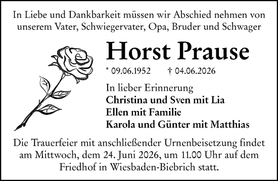 Traueranzeige von Horst Prause von Wiesbadener Kurier