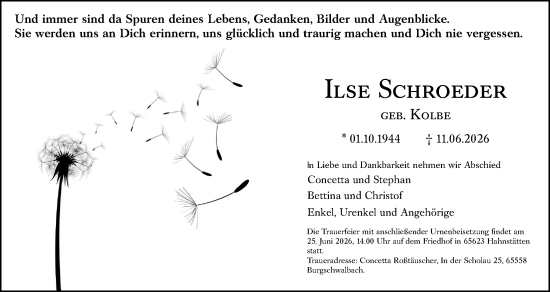 Traueranzeige von Ilse Schroeder von Hinterländer Anzeiger