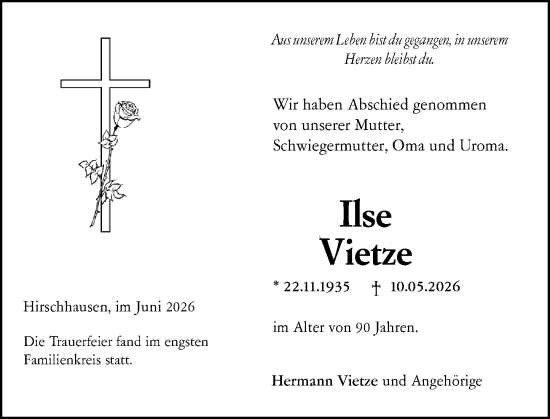 Traueranzeige von Ilse Vietze von Weilburger Tageblatt