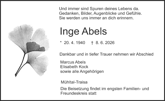 Traueranzeige von Inge Abels von Darmstädter Echo