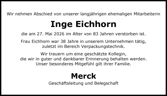 Traueranzeige von Inge Eichhorn von Darmstädter Echo