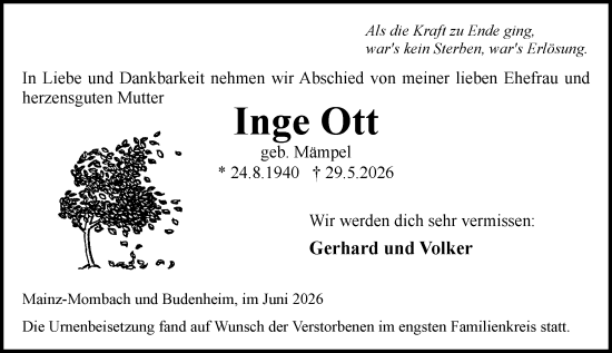 Traueranzeige von Inge Ott von Allgemeine Zeitung Mainz