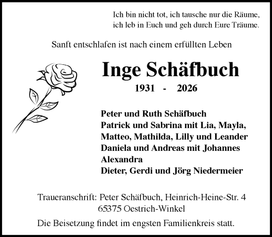 Traueranzeige von Inge Schäfbuch von Wiesbadener Kurier