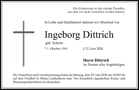 Traueranzeige von Ingeborg Dittrich von Allgemeine Zeitung Mainz