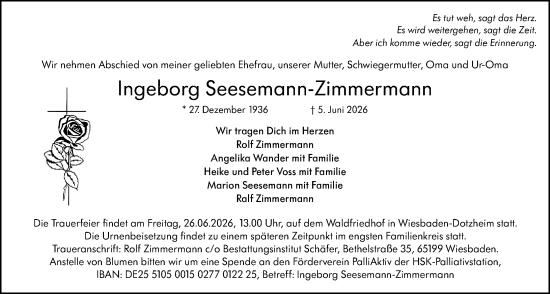 Traueranzeige von Ingeborg Seesemann-Zimmermann von Wiesbadener Kurier