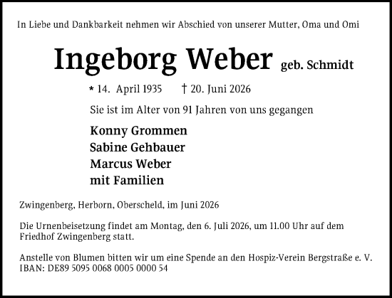 Traueranzeige von Ingeborg Weber von Dill Block