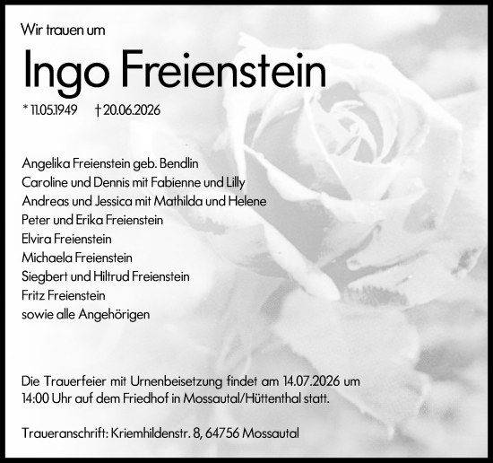 Traueranzeige von Ingo Freienstein von Odenwälder Echo