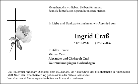 Traueranzeige von Ingrid Craß von Wetzlarer Neue Zeitung