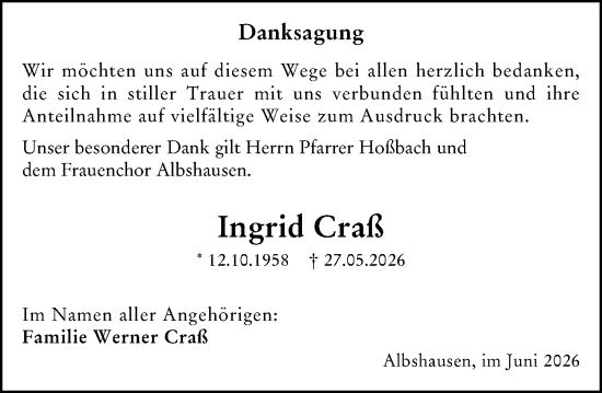 Traueranzeige von Ingrid Craß von Wetzlarer Neue Zeitung