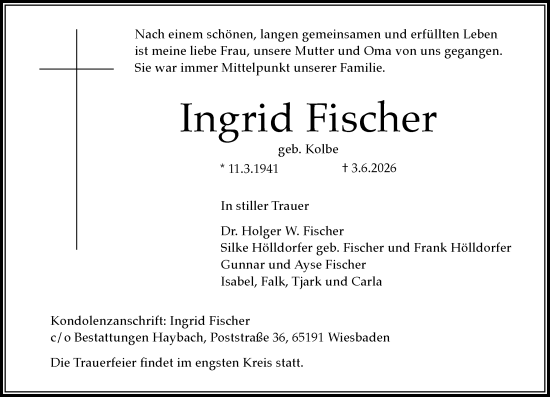 Traueranzeige von Ingrid Fischer von Wiesbadener Kurier