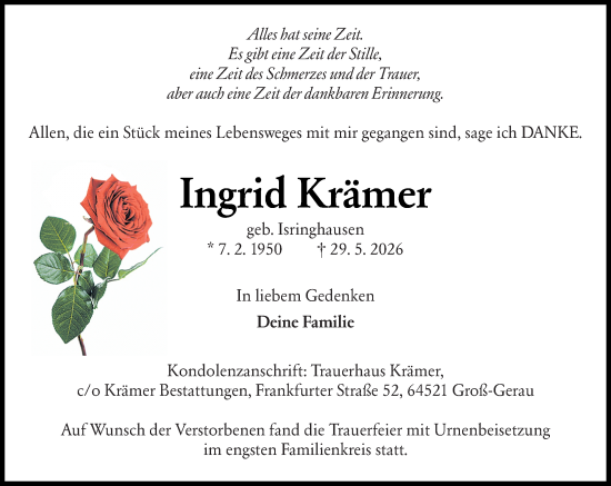 Traueranzeige von Ingrid Krämer von Groß-Gerauer Echo