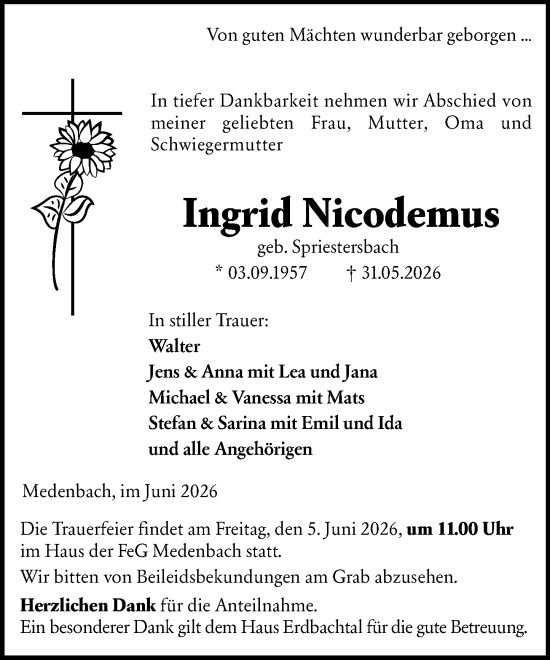 Traueranzeige von Ingrid Nicodemus von Dill Block