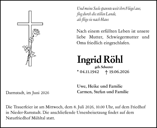 Traueranzeige von Ingrid Röhl von Darmstädter Echo