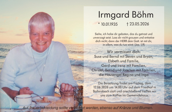 Traueranzeige von Irmgard Böhm von Dill Block