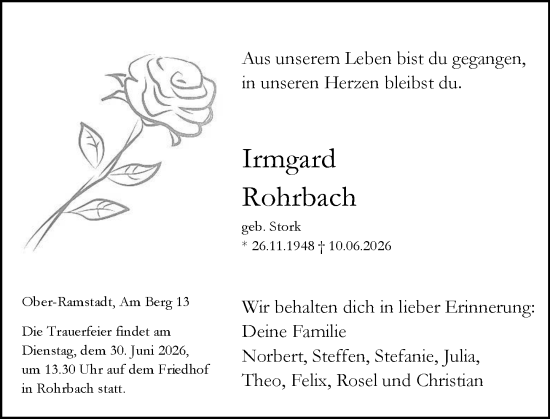 Traueranzeige von Irmgard Rohrbach von Darmstädter Echo