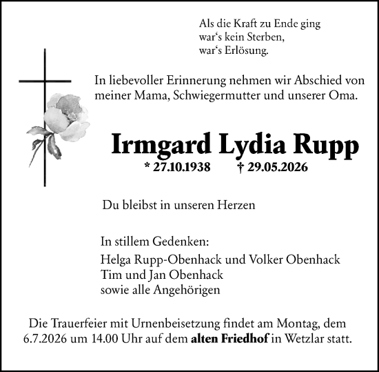 Traueranzeige von Irmgard Lydia Rupp von Wetzlarer Neue Zeitung