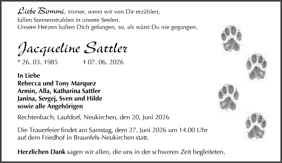 Traueranzeige von Jacqueline Sattler von Wetzlarer Neue Zeitung