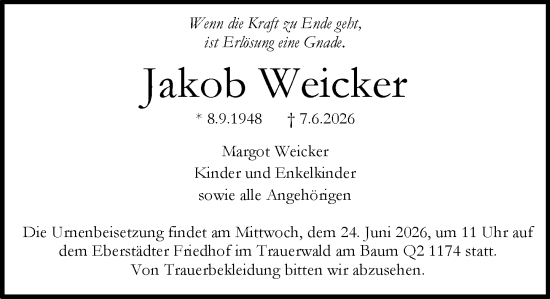 Traueranzeige von Jakob Weicker von Darmstädter Echo
