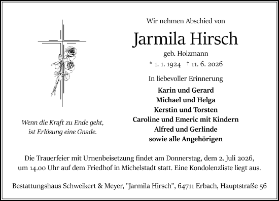 Traueranzeige von Jarmila Hirsch von Odenwälder Echo