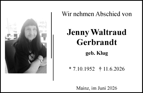 Traueranzeige von Jenny Waltraud Gerbrandt von Allgemeine Zeitung Mainz