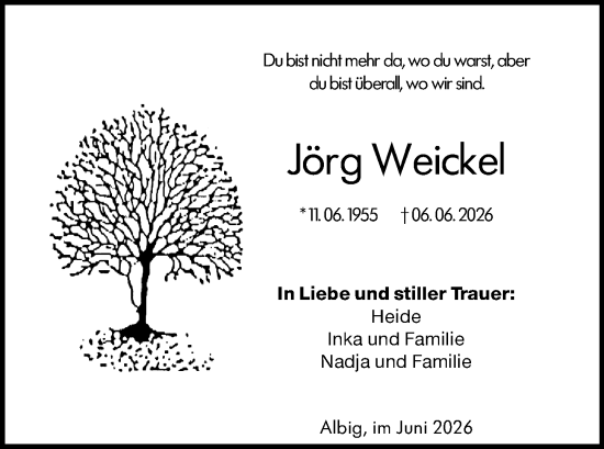 Traueranzeige von Jörg Weickel von Allgemeine Zeitung Alzey