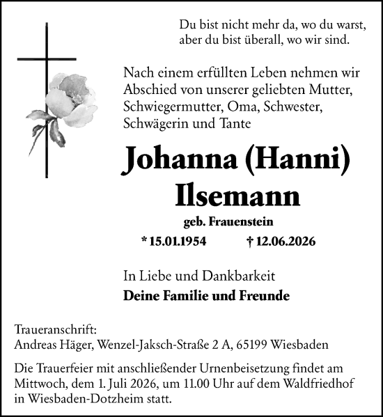 Traueranzeige von Johanna Ilsemann von Wiesbadener Kurier