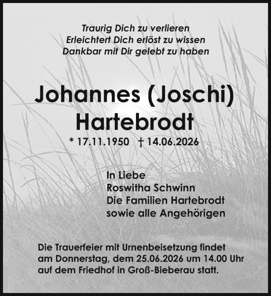 Traueranzeige von Johannes Hartebrodt von Darmstädter Echo