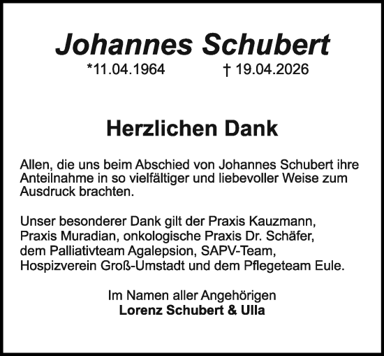 Traueranzeige von Johannes Schubert von Darmstädter Echo