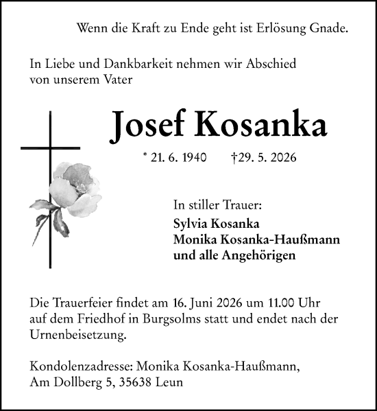 Traueranzeige von Josef Kosanka von Wetzlarer Neue Zeitung