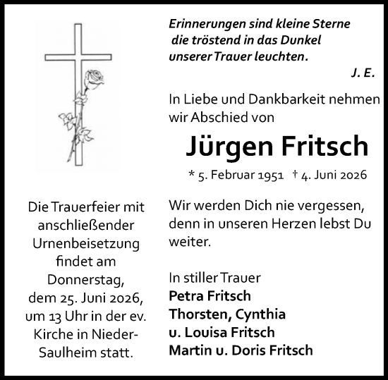Traueranzeige von Jürgen Fritsch von Allgemeine Zeitung Mainz