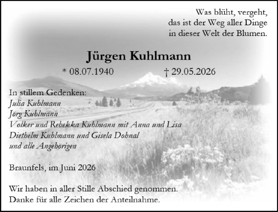 Traueranzeige von Jürgen Kuhlmann von Wetzlarer Neue Zeitung