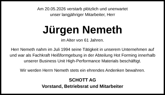 Traueranzeige von Jürgen Nemeth von Allgemeine Zeitung Mainz