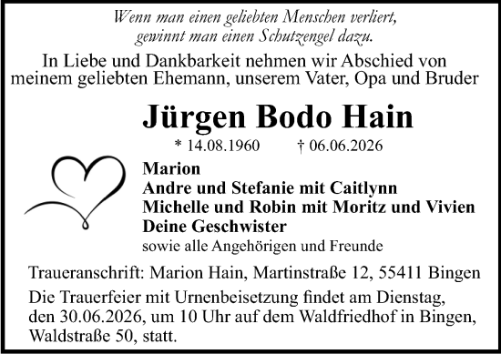Traueranzeige von Jürgen Bodo Hain von Binger-/Ingelheimer Wochenblatt