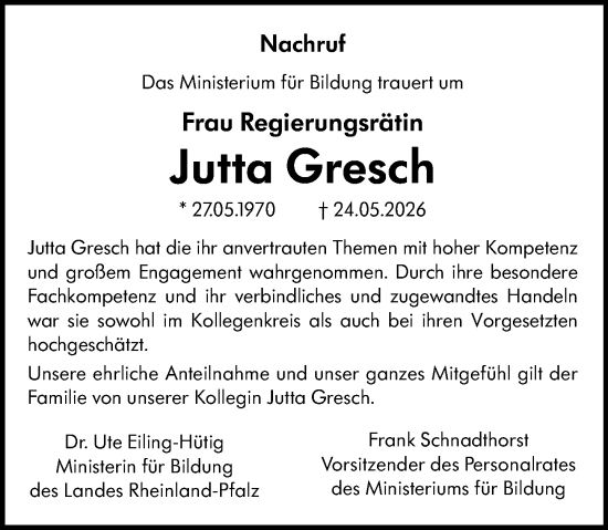 Traueranzeige von Jutta Gresch von Binger-/Ingelheimer Wochenblatt