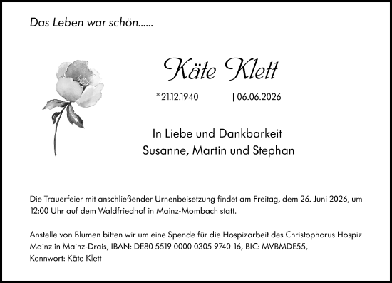 Traueranzeige von Käte Klett von Allgemeine Zeitung Mainz