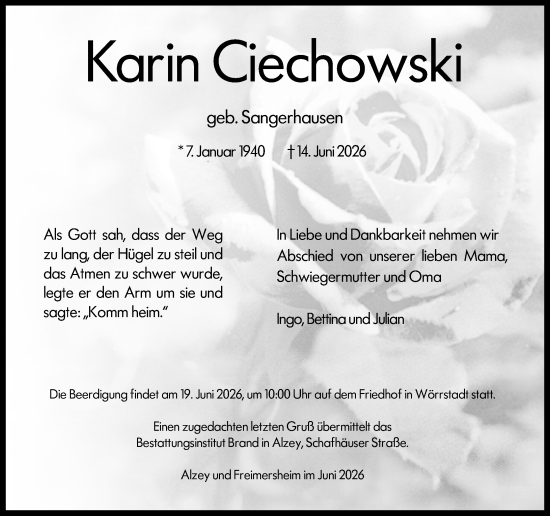Traueranzeige von Karin Ciechowski von Allgemeine Zeitung Alzey