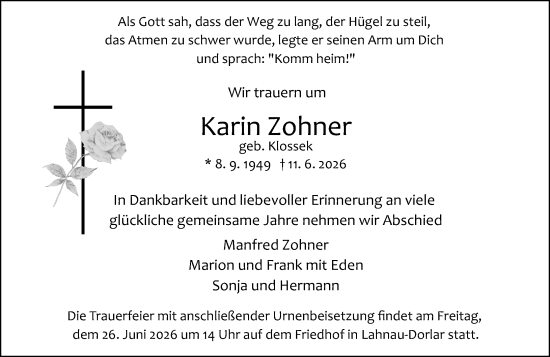 Traueranzeige von Karin Zohner von Wetzlarer Neue Zeitung