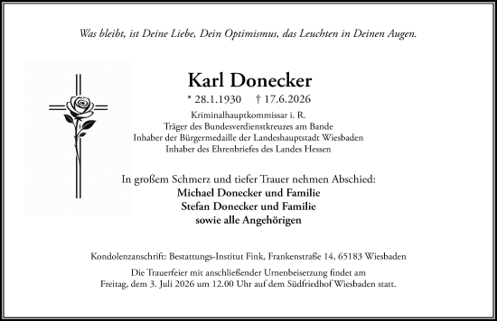 Traueranzeige von Karl Donecker von Wiesbadener Kurier