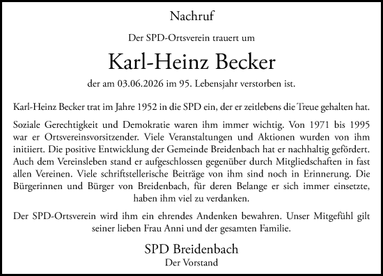 Traueranzeige von Karl-Heinz Becker von Hinterländer Anzeiger