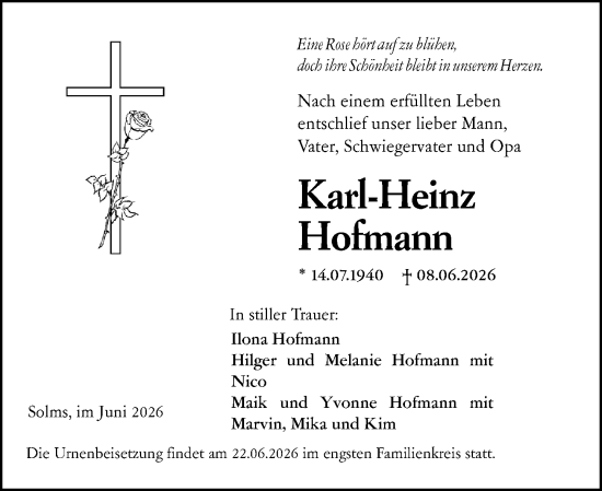 Traueranzeige von Karl-Heinz Hofmann von Wetzlarer Neue Zeitung
