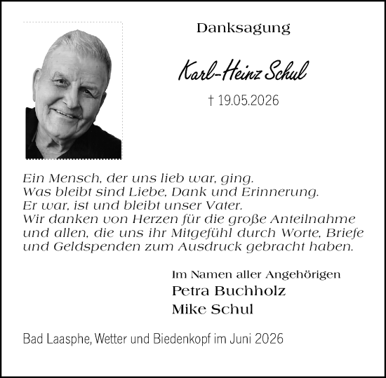Traueranzeige von Karl-Heinz Schul von Hinterländer Anzeiger
