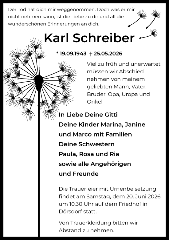 Traueranzeige von Karl Schreiber von Wiesbadener Kurier