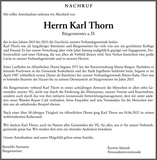 Traueranzeige von Karl Thorn von Allgemeine Zeitung Rheinhessen-Nahe