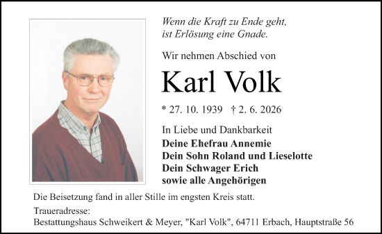 Traueranzeige von Karl Volk von Odenwälder Echo