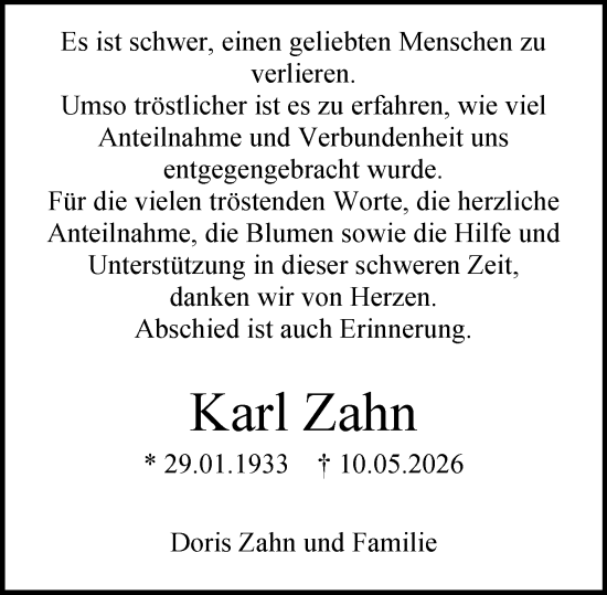 Traueranzeige von Karl Zahn von Allgemeine Zeitung Mainz